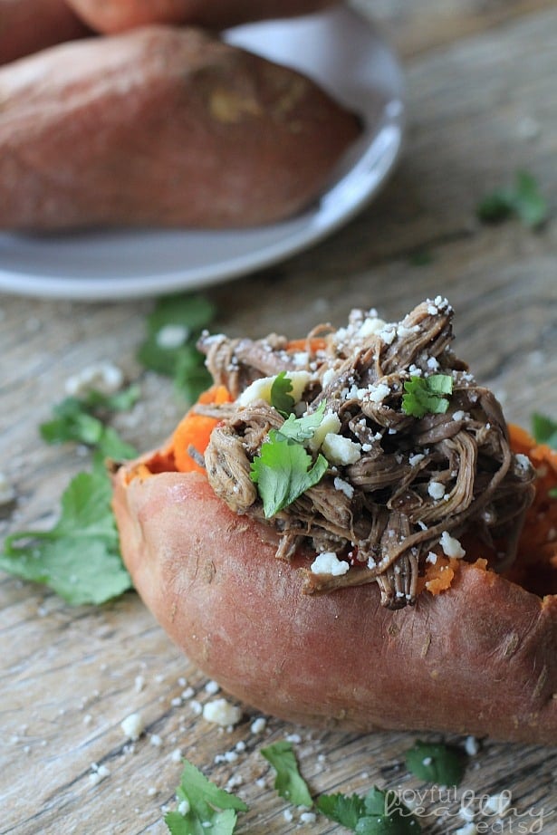 Close-up of a Chipotle Beef Barbacoa Stuffed Sweet Potato