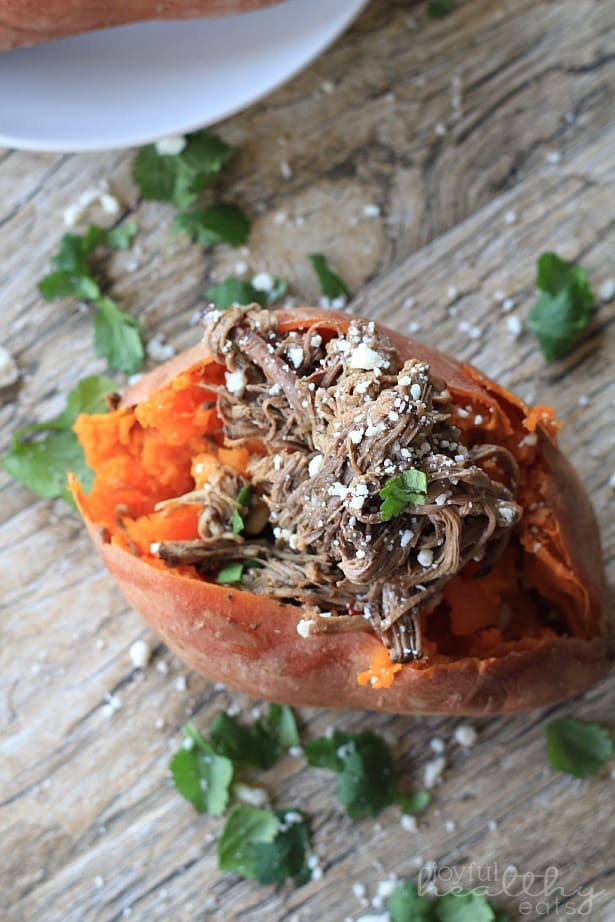 Top view of a Chipotle Beef Barbacoa Stuffed Sweet Potato