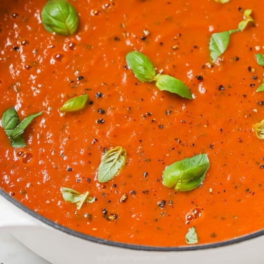 Landscape photo of tomato basil soup.