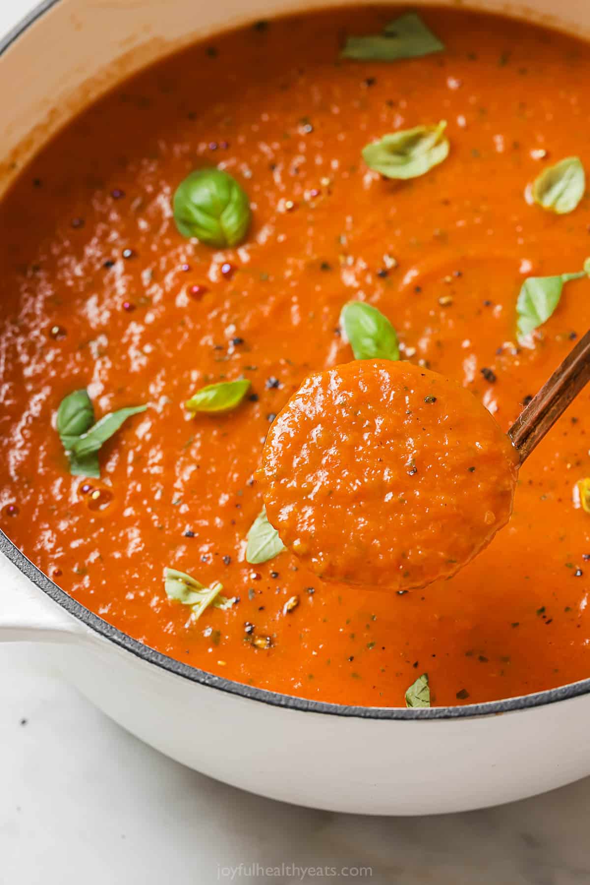 A spoonful of tomato basil soup. 