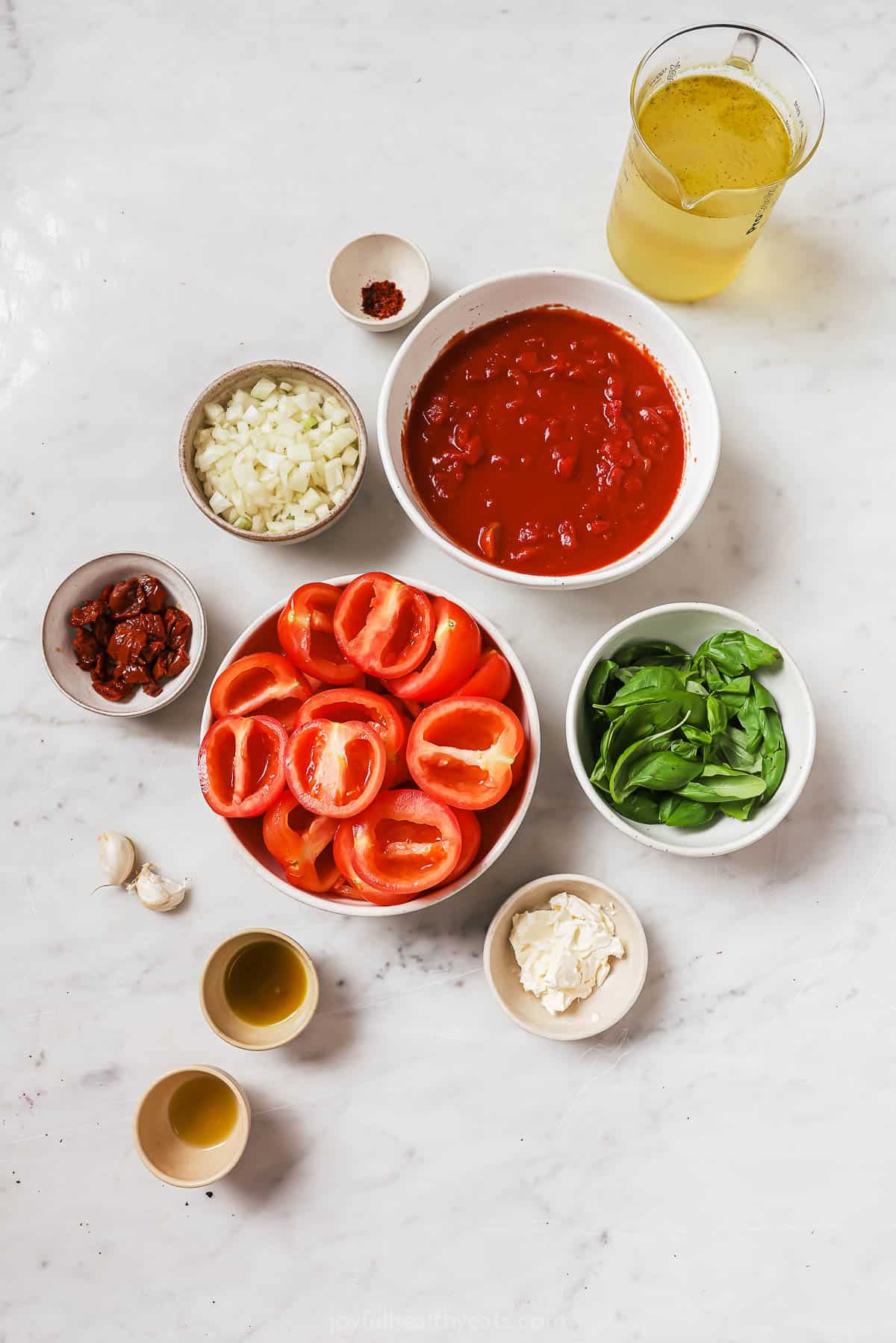 Ingredients for tomato basil soup.