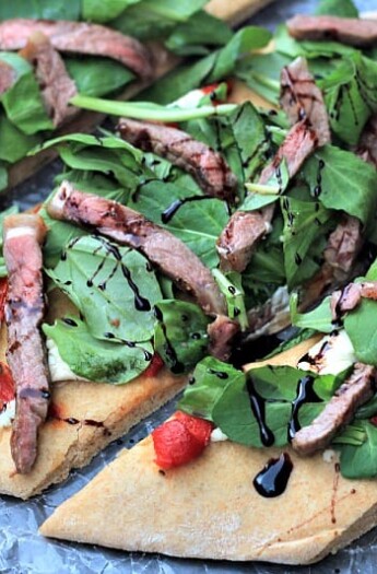 Homemade Pizza with Steak & a Balsamic Reduction #pizza #steak #balsamicreduction #goatcheese #light #healthy