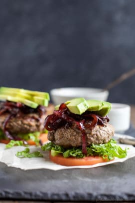 Image of a Paleo Burger with Caramelized Onions & Avocado