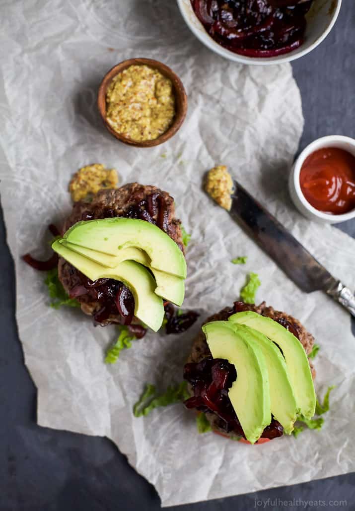 Image of Paleo Burgers with Caramelized Balsamic Onions From Above