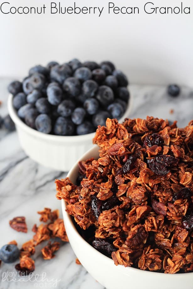 Coconut Blueberry Pecan Granola in a bowl next to a ramekin of fresh blueberries