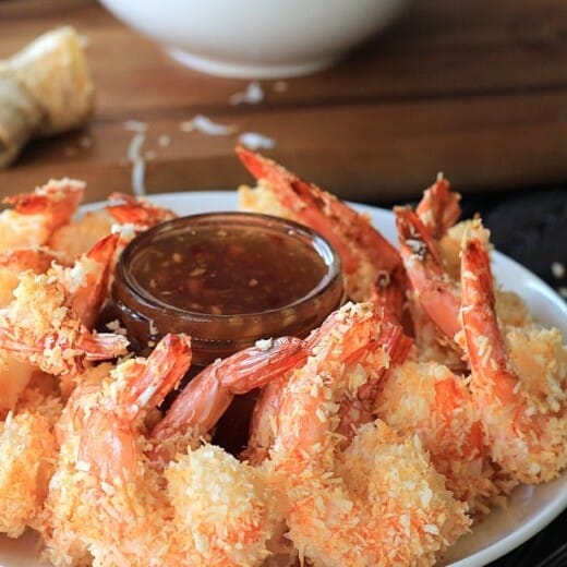 Coconut Shrimp Arranged Around a Cup of Thai Ginger Sauce