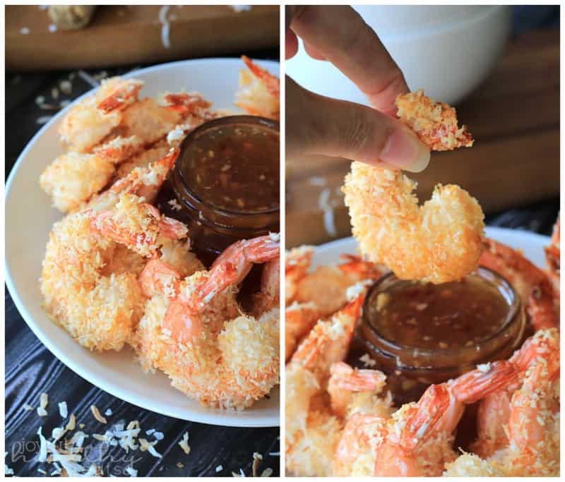 Dipping a Piece of Coconut Shrimp into a Jar of Thai Chili Ginger Sauce