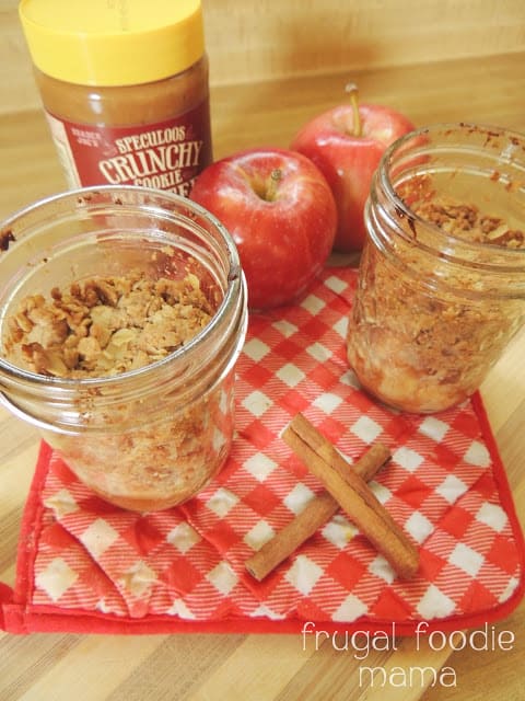 Two Jars of Oats, Cinnamon Sticks & Apples Beside a Jar of Cookie Butter on a Checkered Pot Holder