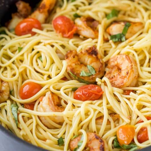 Skillet with spicy shrimp pasta
