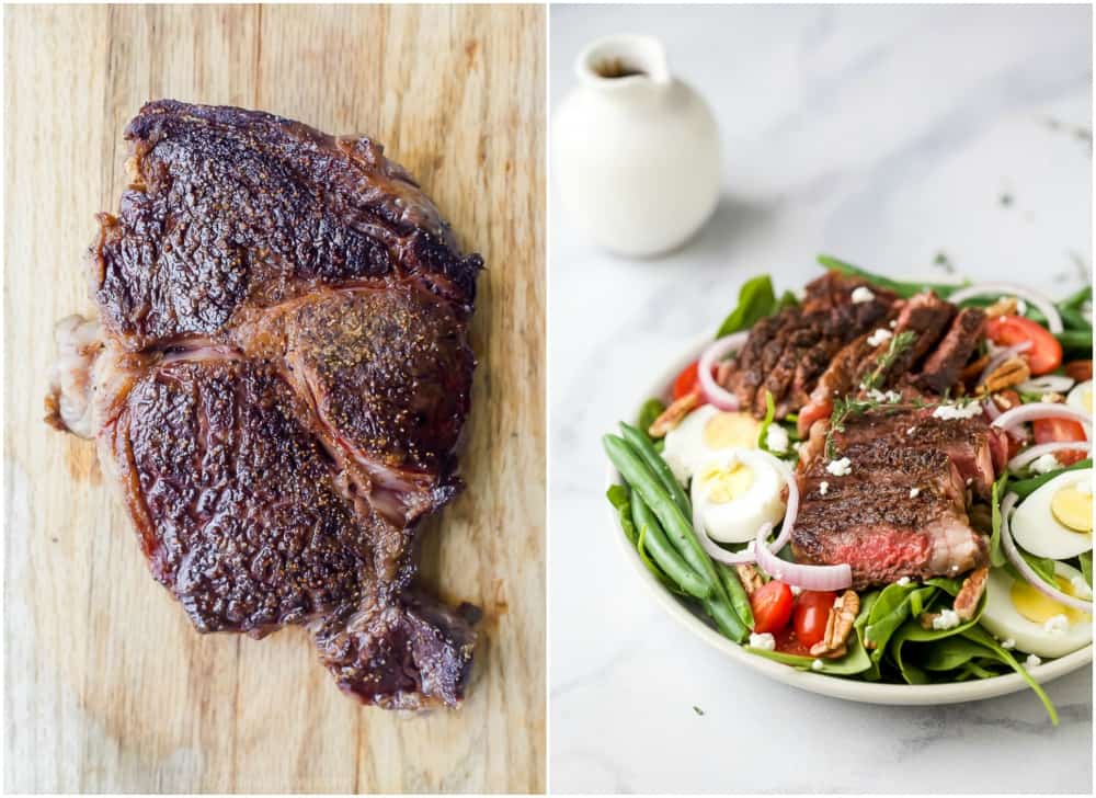 A photo of a grilled ribeye steak beside a picture of the assembled steak salad