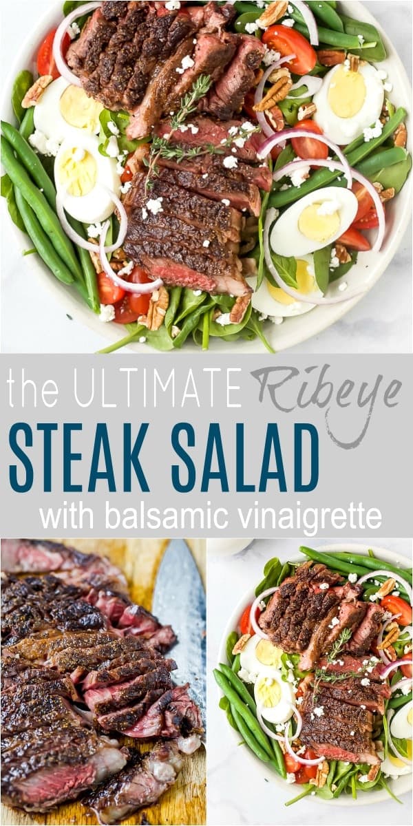 A collage of three images of a steak salad with text introducing the salad in between them