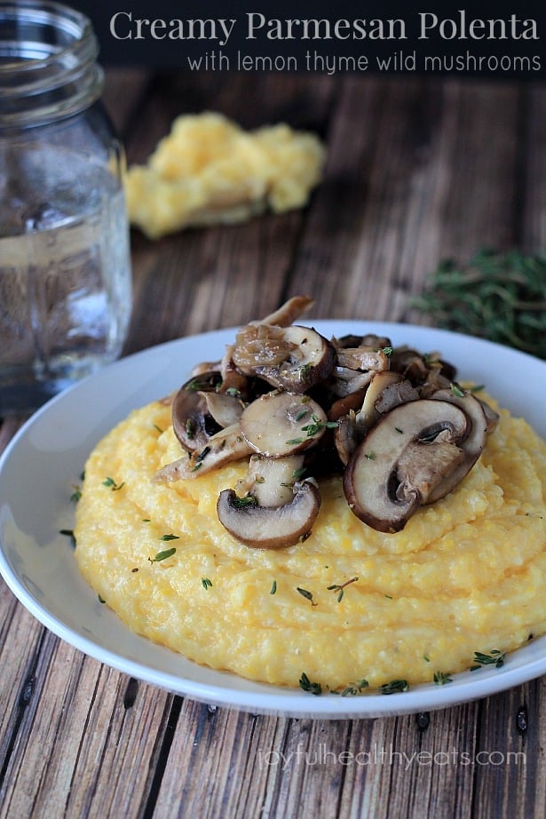 Creamy Parmesan Polenta with lemon thyme wild mushrooms #glutenfree #vegetarianrecipes #sidedishes