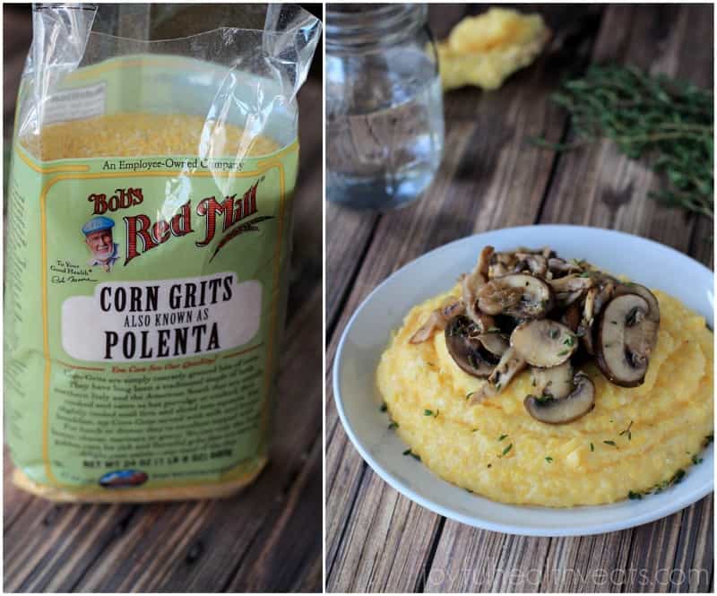 Creamy Parmesan Polenta with lemon thyme wild mushrooms #glutenfree #vegetarianrecipes #sidedishes