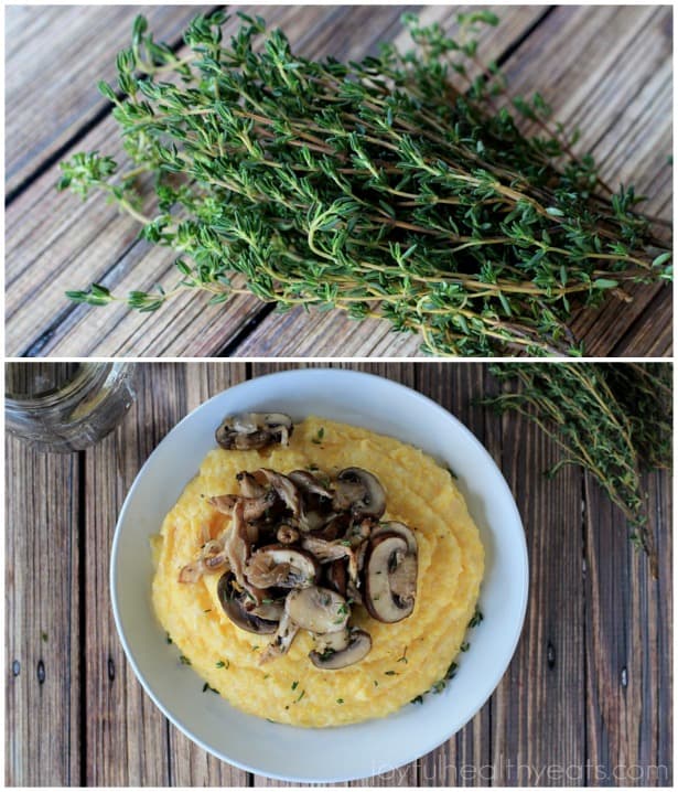 Creamy Parmesan Polenta with lemon thyme wild mushrooms #glutenfree #vegetarianrecipes #sidedishes