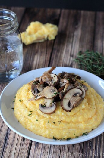 Creamy Parmesan Polenta with lemon thyme wild mushrooms #glutenfree #vegetarianrecipes #sidedishes