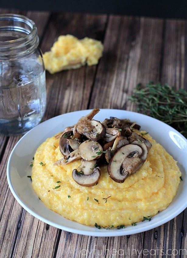 Creamy Parmesan Polenta with lemon thyme wild mushrooms #glutenfree #vegetarianrecipes #sidedishes