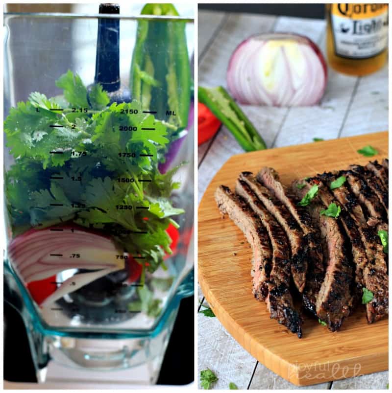 Collage of Cilantro and red onion in a blender and sliced Grilled Fajita Skirt Steak on a cutting board