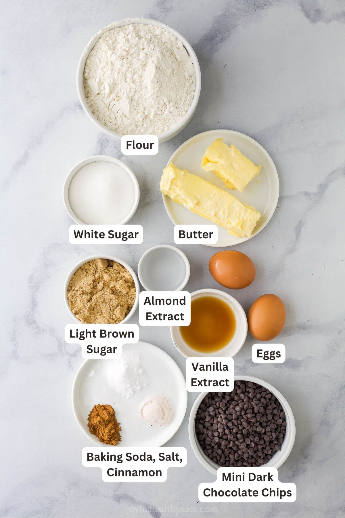 Overhead view of ingredients for soft chocolate chip cookie