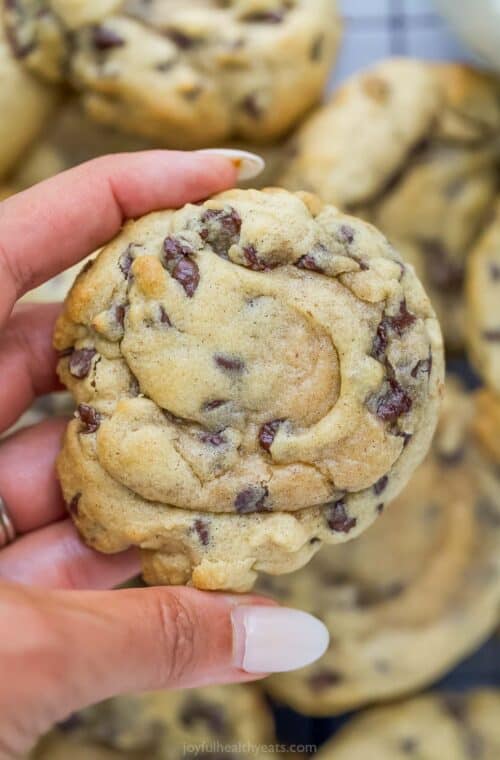 Hand holding soft chocolate chip cookie