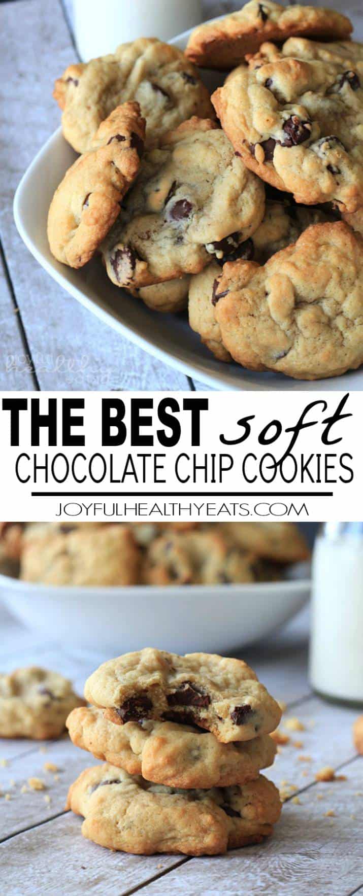 The Best Soft Chocolate Chip Cookies will you ever have! Half the butter and sugar, but same same great cookie taste! These are to die for! | joyfulhealthyeats.com