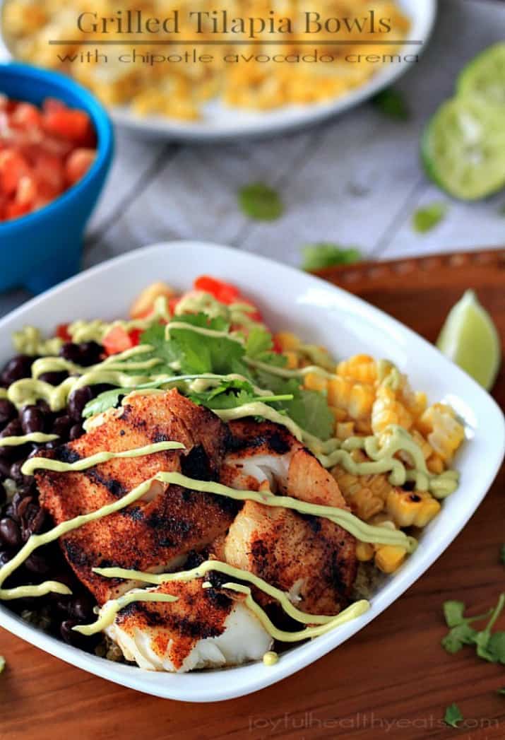 A Bowl of Grilled Tilapia and Veggies Next to Two Dishes Containing Corn and Tomatoes