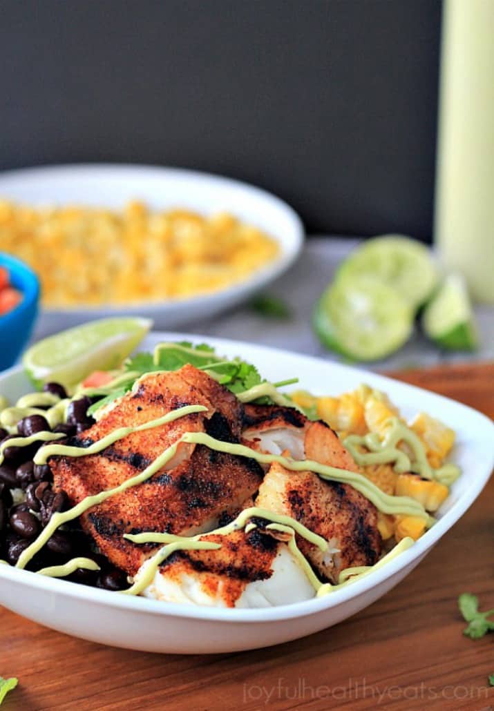 A Grilled Tilapia Bowl Garnished with a Lime Wedge