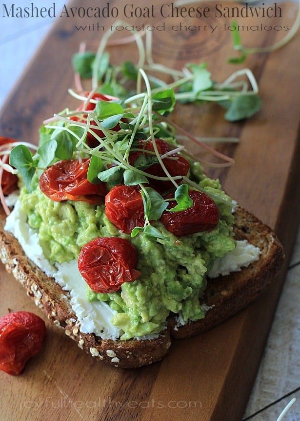 Mashed Avocado Goat Cheese Sandwich with Roasted Cherry Tomatoes #vegetarian #sandwich #recipes #healthy