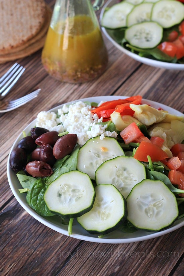 Mediterranean Salad with Homemade Greek Vinaigrette | www.joyfulhealthyeats.com | #saladrecipes #vegetarian #summer #glutenfree #meatlessmonday
