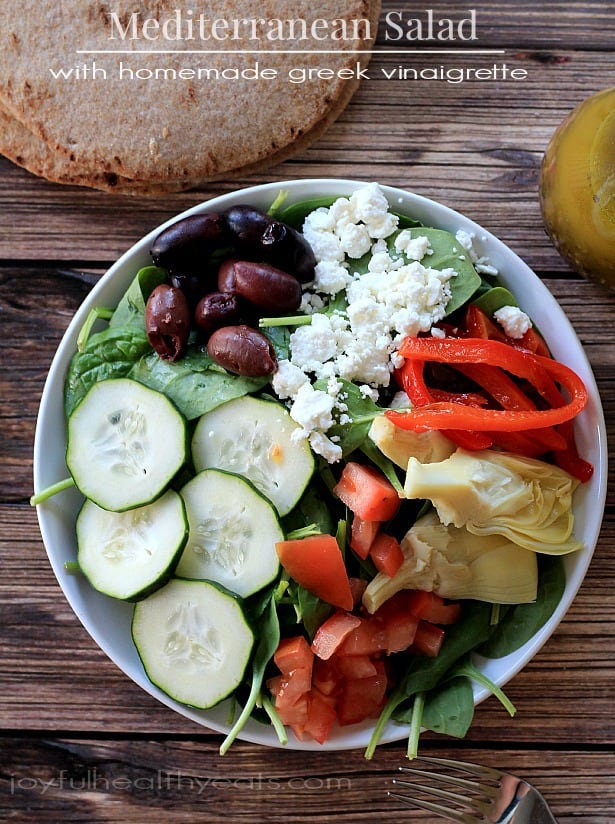 Mediterranean Salad with Homemade Greek Vinaigrette | www.joyfulhealthyeats.com | #saladrecipes #vegetarian #summer #glutenfree #meatlessmonday