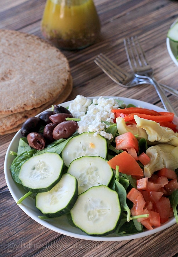 Mediterranean Salad with Homemade Greek Vinaigrette | www.joyfulhealthyeats.com | #saladrecipes #vegetarian #summer #glutenfree #meatlessmonday