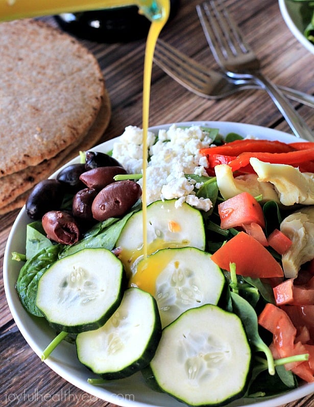 Mediterranean Salad with Homemade Greek Vinaigrette | www.joyfulhealthyeats.com | #saladrecipes #vegetarian #summer #glutenfree #meatlessmonday