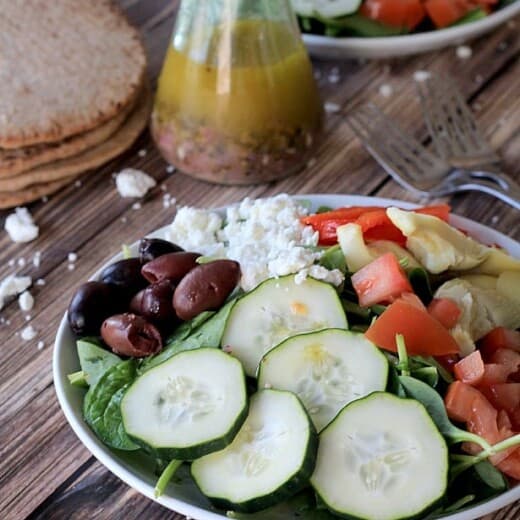 Mediterranean Salad with Homemade Greek Vinaigrette | www.joyfulhealthyeats.com | #saladrecipes #vegetarian #summer #glutenfree #meatlessmonday
