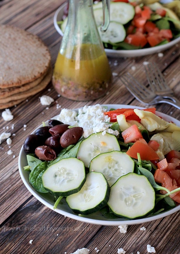 Mediterranean Salad with Homemade Greek Vinaigrette | www.joyfulhealthyeats.com | #saladrecipes #vegetarian #summer #glutenfree #meatlessmonday