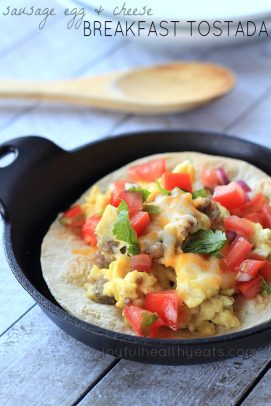 Sausage Egg & Cheese Breakfast Tostadas, ease to make done in 15 minutes! #recipe #glutenfree | www.joyfulhealthyeats.com