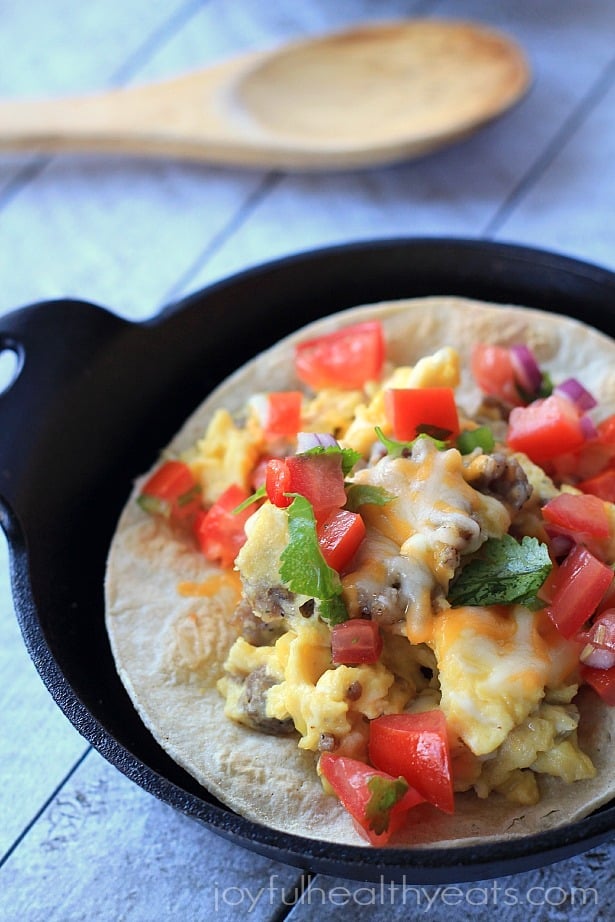 Sausage Egg & Cheese Breakfast Tostadas, ease to make done in 15 minutes! #recipe #glutenfree | www.joyfulhealthyeats.com