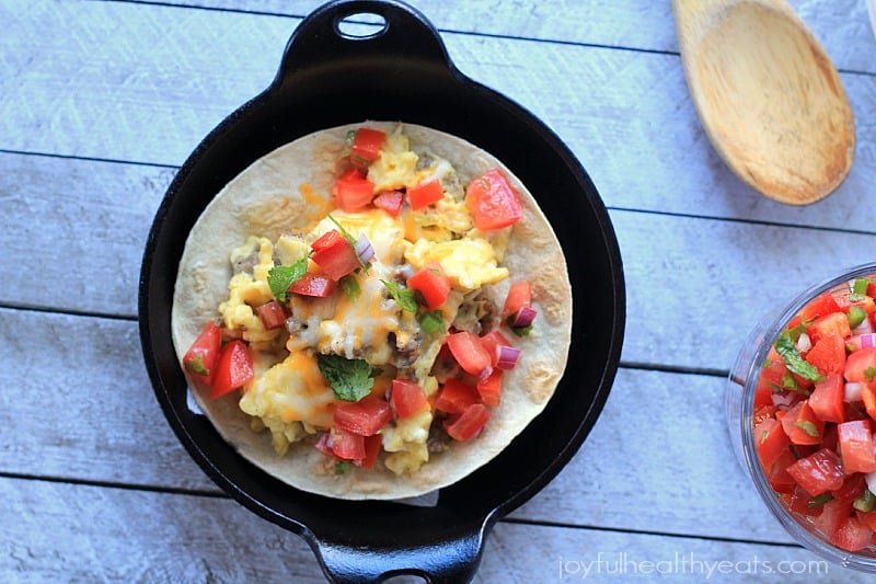 Sausage Egg & Cheese Breakfast Tostadas, ease to make done in 15 minutes! #recipe #glutenfree | www.joyfulhealthyeats.com