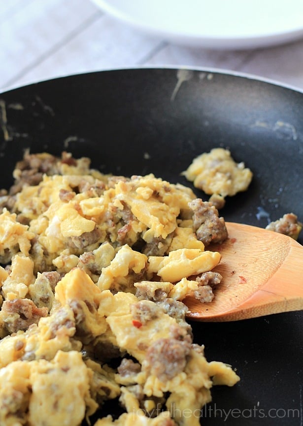 Sausage Egg & Cheese Breakfast Tostadas, ease to make done in 15 minutes! #recipe #glutenfree | www.joyfulhealthyeats.com