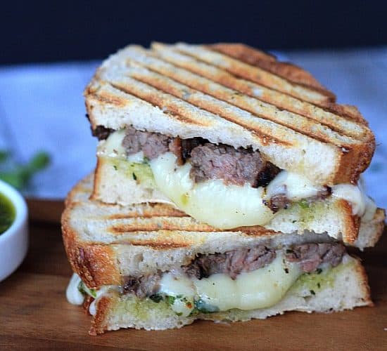 Steak & Cheese Panini with chimichurri sauce #sandwichrecipes #panini #beef #cheese #texmex