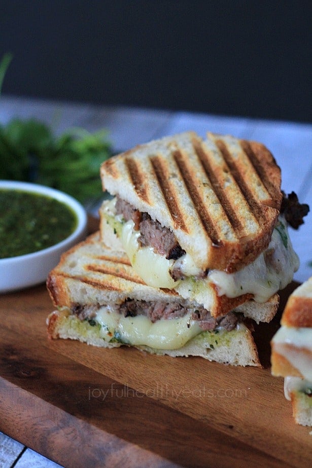 Steak & Cheese Panini with chimichurri sauce #sandwichrecipes #panini #beef #cheese #texmex