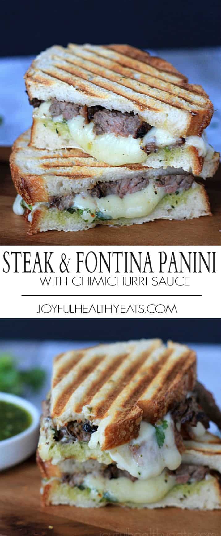 An amped up sandwich recipe using Grilled Fajita Steak, fontina cheese, and topped with a spicy fresh herb Chimichurri sauce for the ultimate Panini! | joyfulhealthyeats.com 