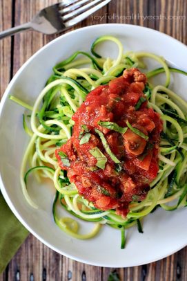 Zucchini noodles topped with tomato sauce