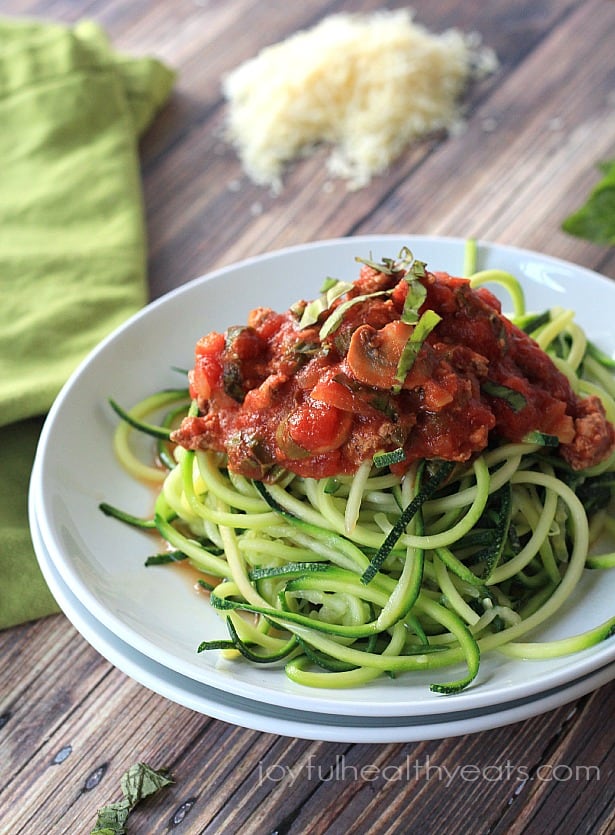 A healthy 30 minute meal that is Gluten Free & Paleo ... Zucchini Noodles w/ Meat Mushroom Tomato Sauce | www.joyfulhealthyeats.com