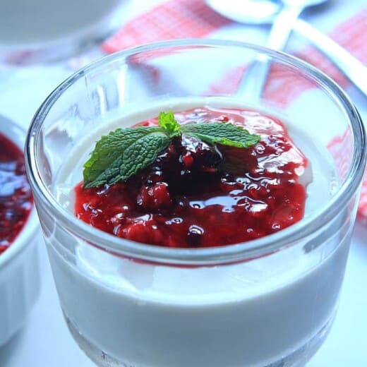 Creamy Coconut Panna Cotta Topped with a Raspberry Blackberry Compote