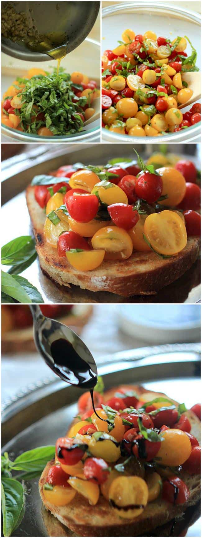 Collage of Fresh Tomato Bruschetta with Balsamic Drizzle