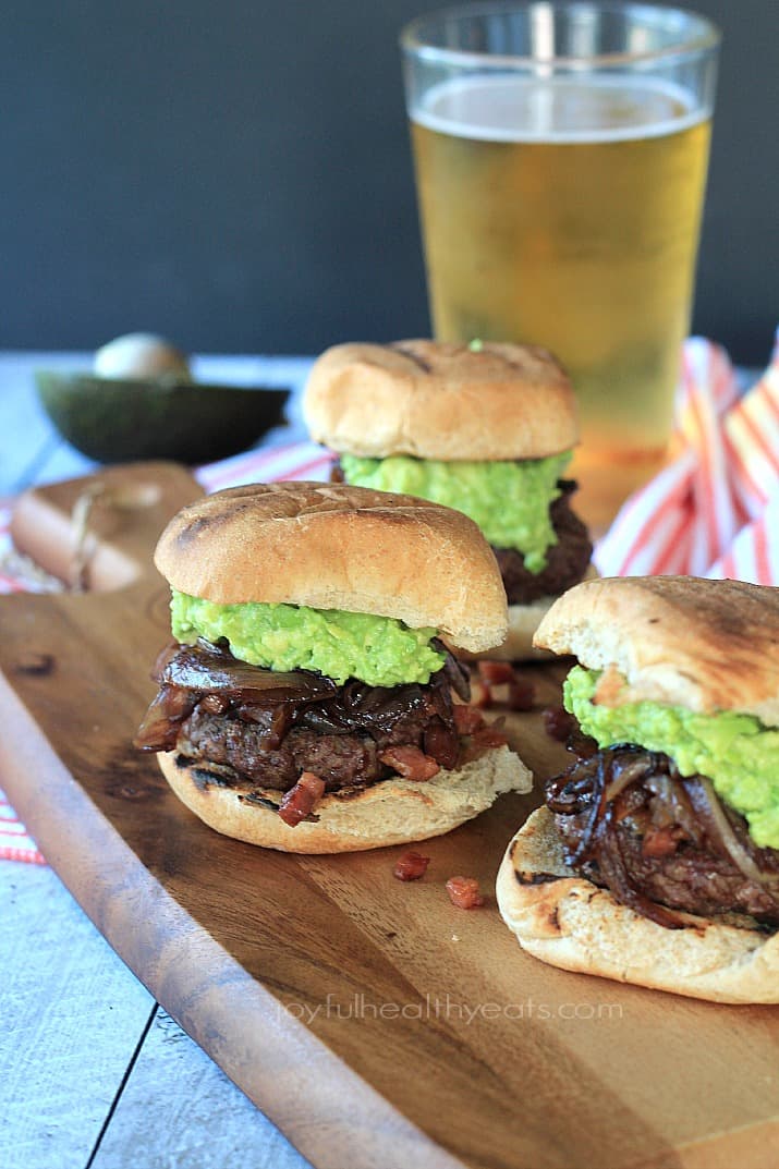 Gourmet "Cowboy" Slider burgers on a wooden board