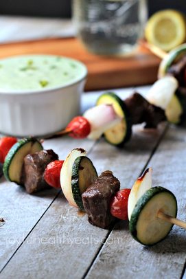 Image of Grilled Beef Kabobs with Avocado Cucumber Tzatziki