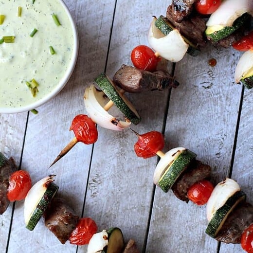 One of my favorite Grilling Recipes done in 30 minutes! Grilled Beef Kabobs with Avocado Cucumber Tzatziki #glutenfree #beef