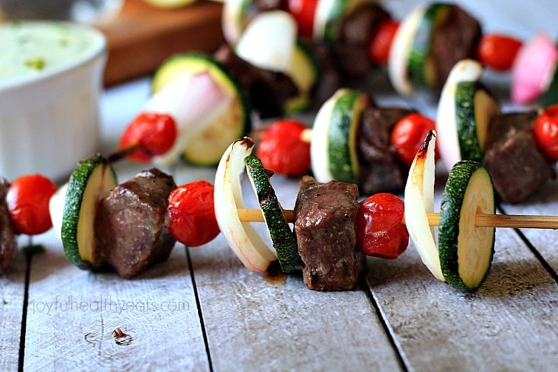 Close up view of Grilled Beef Kabobs