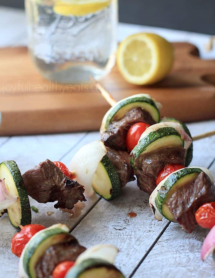 Close up view of Grilled Beef Kabobs