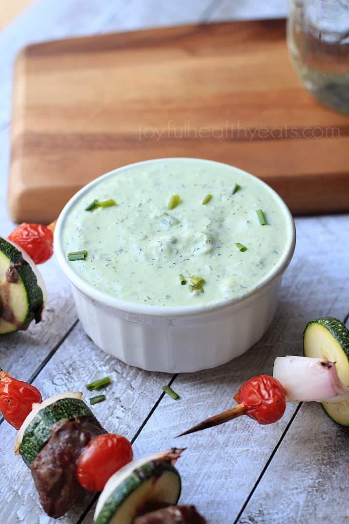 A bowl of Avocado Cucumber Tzatziki with Grilled Beef Kabobs